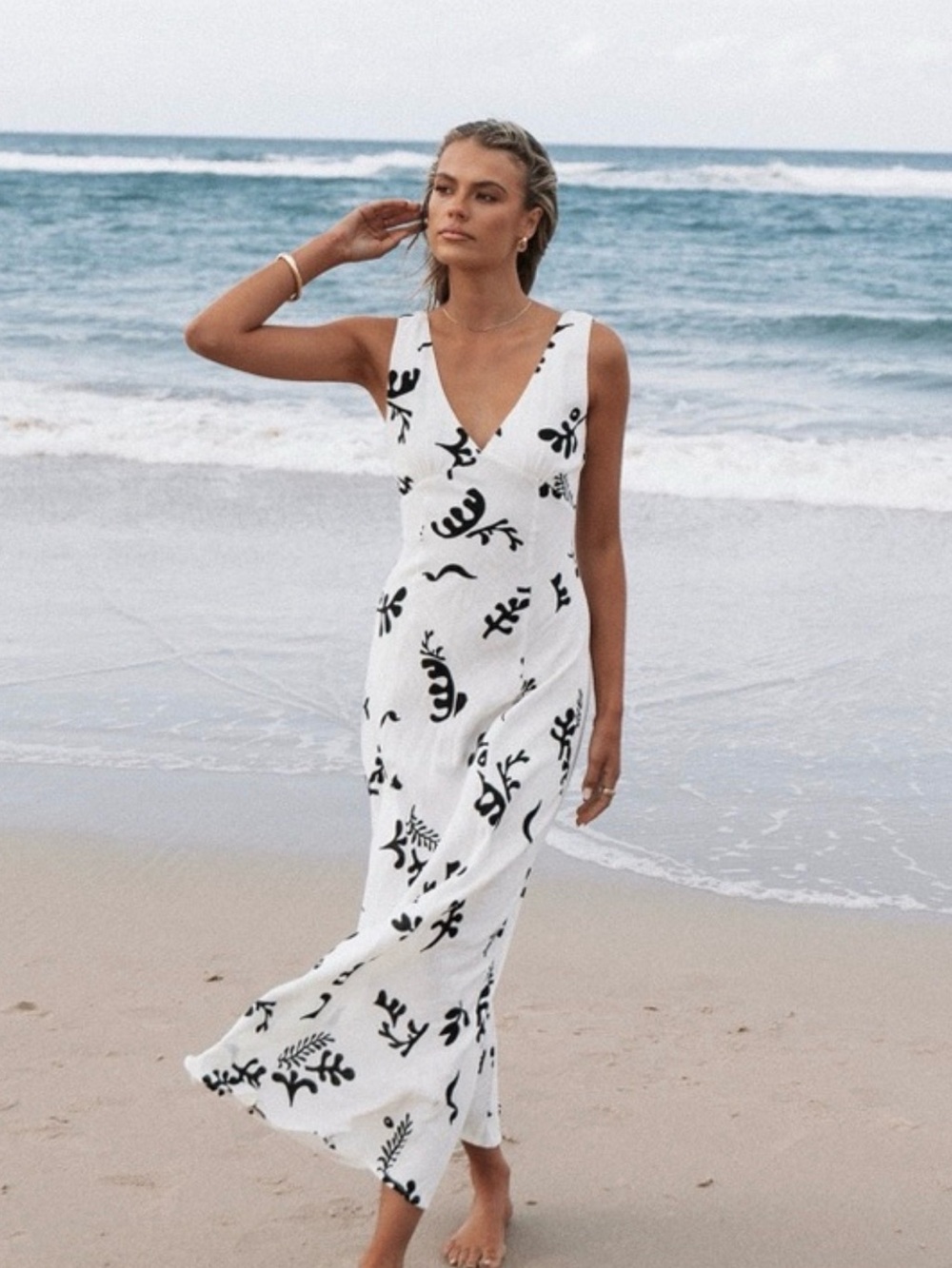 Paper Heart Dress S White Black Botanical Rayon Linen V Neck Midi Anthropologie